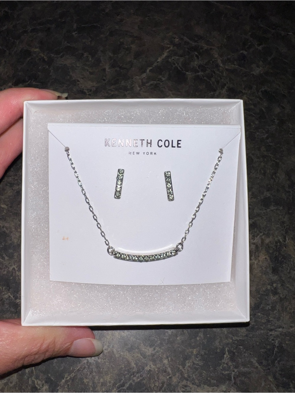 Kenneth Cole Silver Crystal Curved Bar Necklace with Matching Studs